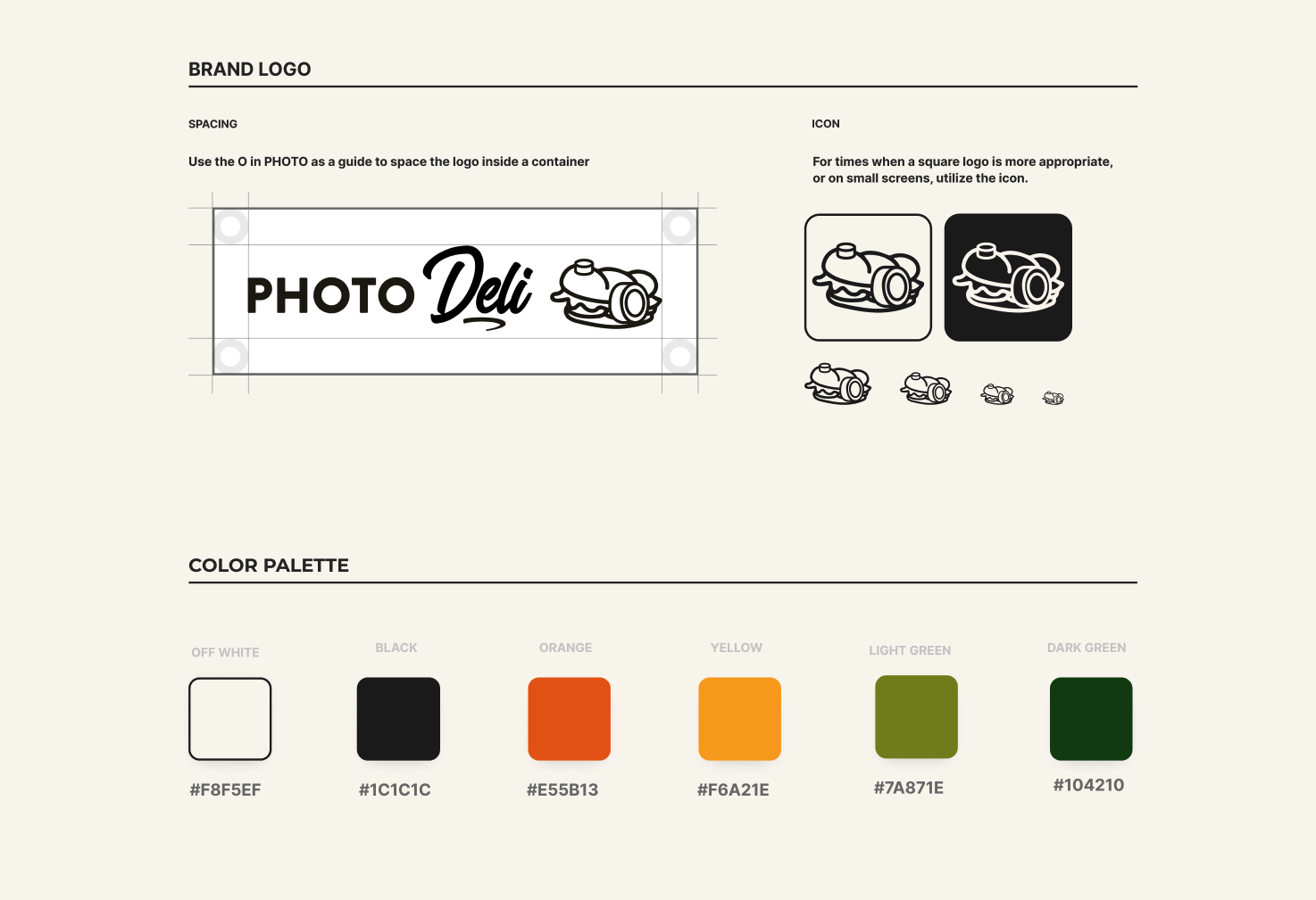 Style guide page with a row of color swatches labeled with HEX values, and the full logo lockup shown beside the icon-only mark with spacing measurements.
